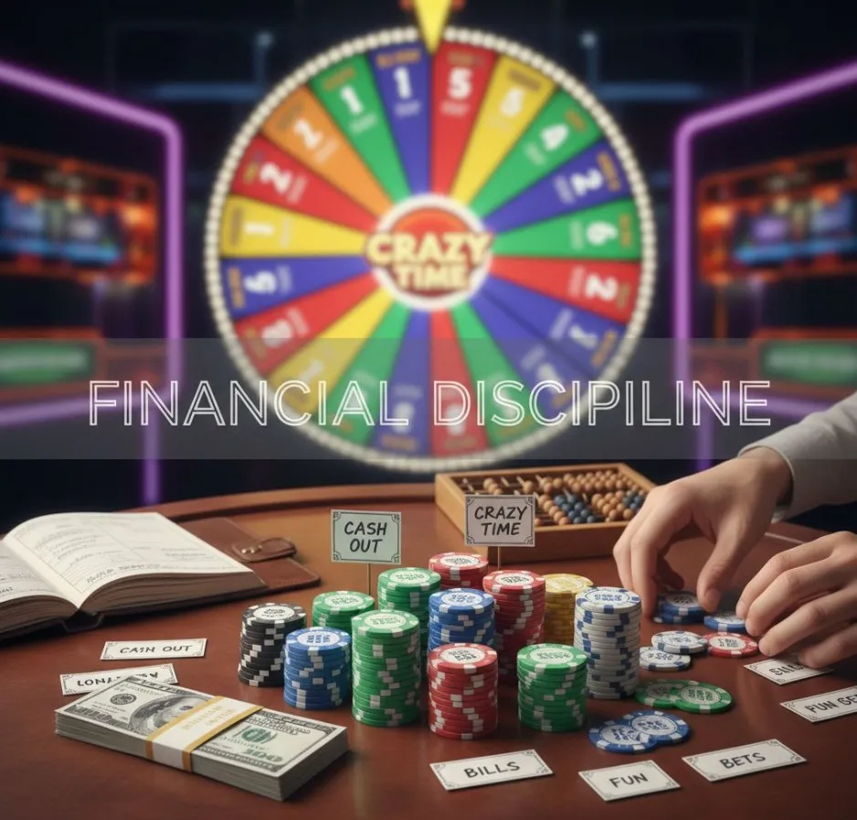 A visual representation of bankroll management for Crazy Time, showing stacks of chips or money being organized, with the Crazy Time wheel faintly in the background, emphasizing financial discipline.