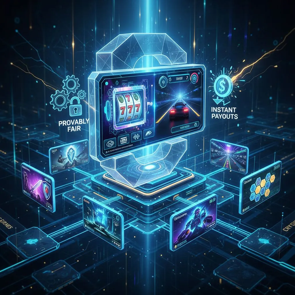 Illustration of crypto-exclusive games with elements of provably fair systems, instant payouts, and blockchain integration for a modern gaming experience. 