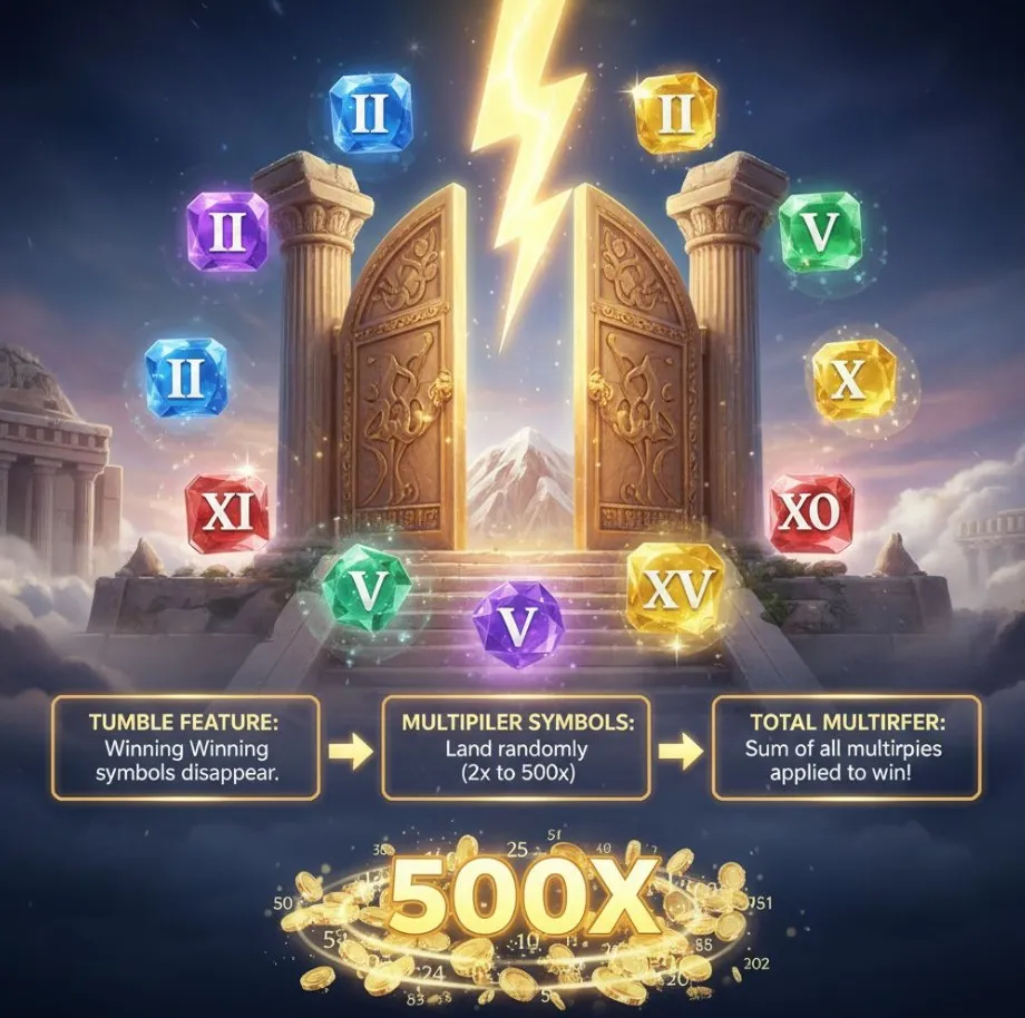 A visual representation of strategic elements for Gates of Olympus, such as an "Ante Bet" button highlighted, a graph showing multiplier accumulation, and Zeus's hand releasing multiplier orbs, emphasizing methods to achieve large multipliers.
