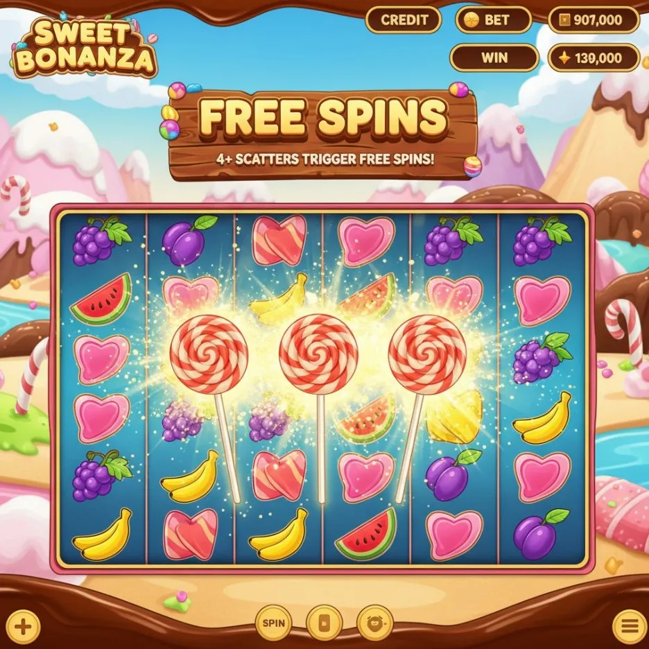 The Sweet Bonanza game screen highlighting multiple lollipop scatter symbols appearing on the reels, signaling the activation of the Free Spins round.