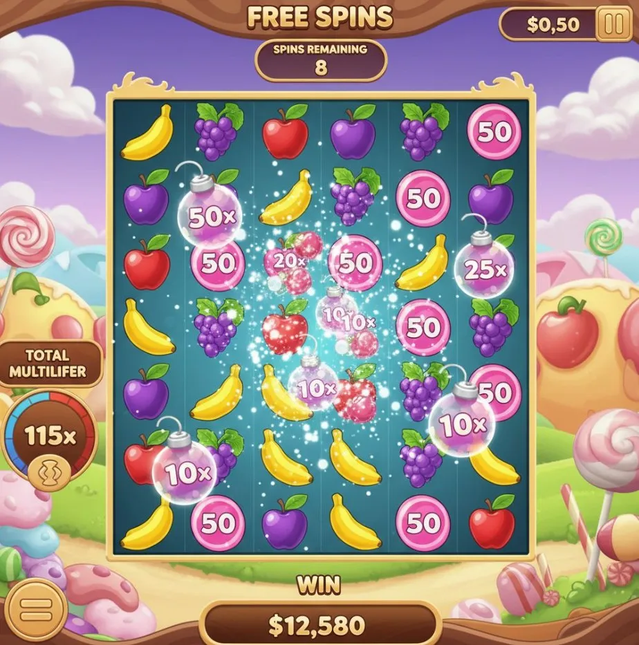A vibrant, candy-themed 6x5 slot grid of Sweet Bonanza, showcasing colorful fruit and candy symbols, along with special multiplier bombs during a bonus round.