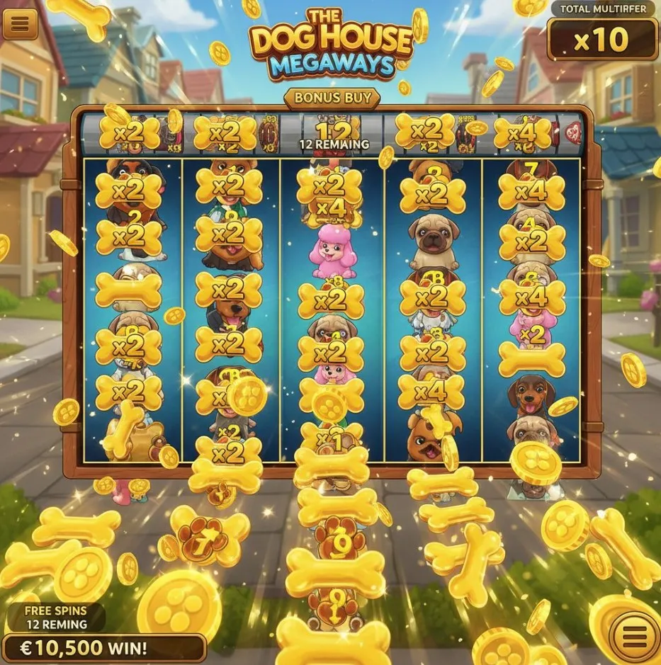 A chart or graph visually representing the distribution of potential outcomes from a Bonus Buy in The Dog House Megaways, showing small wins, break-even, and rare large wins, emphasizing volatility.