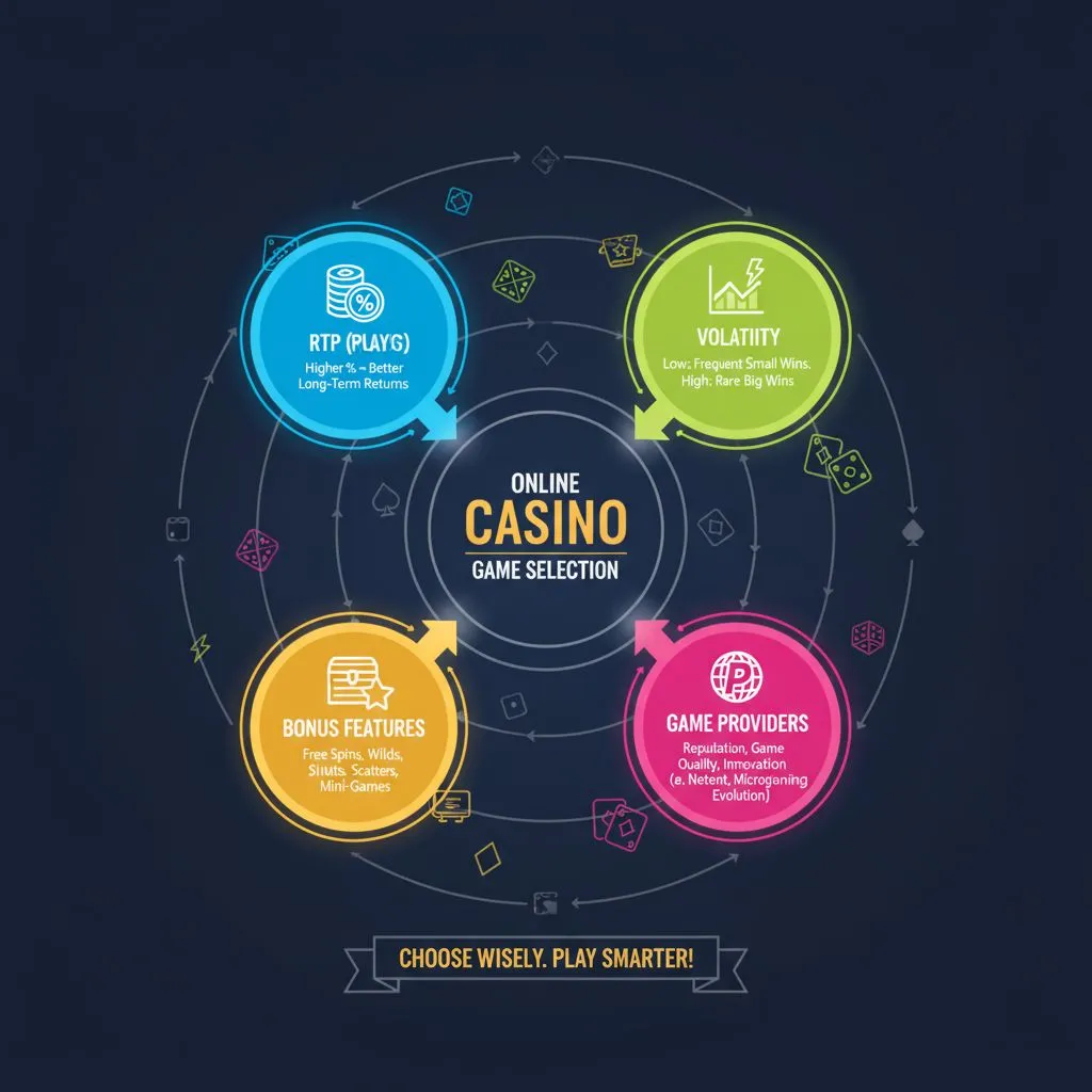 Infographic highlighting key game selection factors like RTP, volatility, bonus features, and game providers for online casino players. 