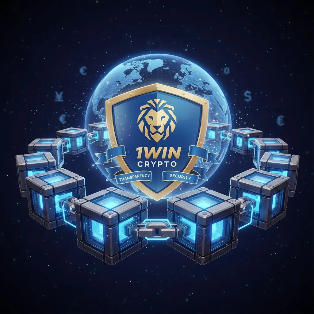 Visualization of blockchain technology with secured data blocks, chains, and a shield, symbolizing the enhanced security and transparency of 1win crypto transactions.